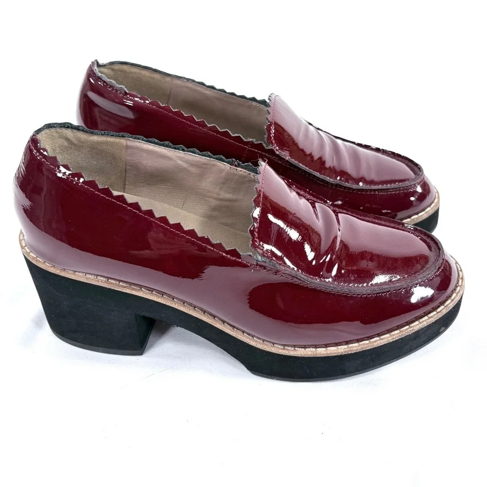 Eileen Fisher Patent Leather Platform Loafers Burgundy‎ Scalloped Heel Shoes